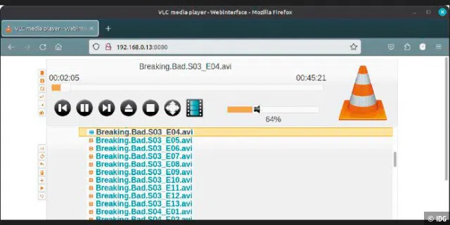 HTTP-Server: Die VLC-Fernbedienung via Browser genügt vollauf für Lautstärkesteuerung, Pausen und Medienauswahl.
