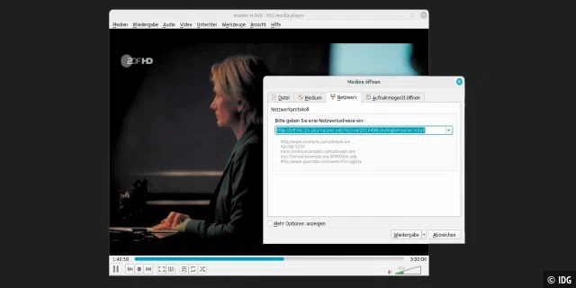 VLC öffnet alles: Das Menü „Medien“ zeigt fünf Optionen zum Starten von Film und Musik. Hier wurde „Medien –› Netzwerkstream“ gewählt und die URL einer Mediathek eingegeben.