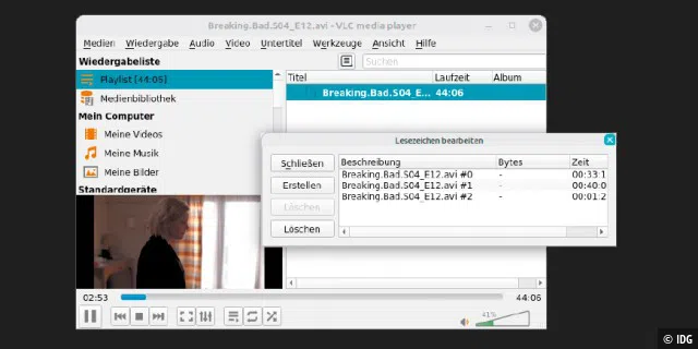 Lesezeichen setzen: Zum Springen an vorgemerkte Filmstellen bietet der VLC Lesezeichen, die in einer Playlist gespeichert werden müssen.