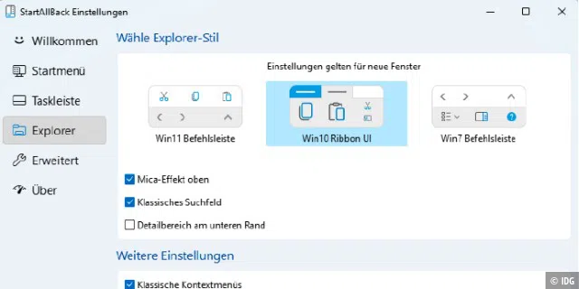 Zusatztools wie hier Start All Back stellen unter Windows 11 die klassische Explorer-Ansicht von Windows 10 wieder her. Ähnliches gilt für Startmenü, Taskleiste und mehr.