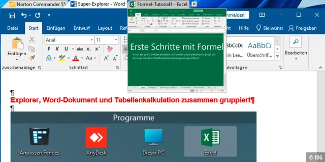 Was Microsoft als Windows Sets geplant hatte, lässt sich mit Tools wie Groupy oder Tidy Tabs (im Bild) umsetzen: Damit können Sie verschiedene Programm- und Dateiarten zusammen gruppieren.