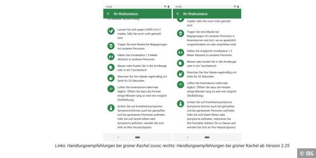 Links: Handlungsempfehlungen bei grüner Kachel zuvor, rechts: Handlungsempfehlungen bei grüner Kachel ab Version 2.25.