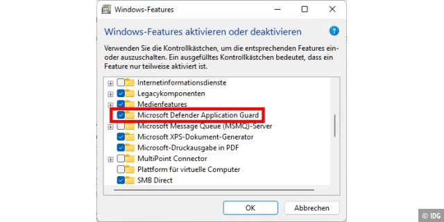 Für die Edge-Sandbox müssen Sie zunächst über die Systemsteuerung den Windows Defender Application Guard aktivieren.