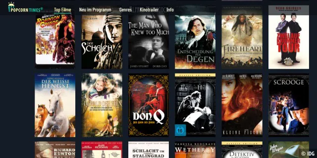 Popcorntimes versteht sich als Archiv mit Filmen aus den 1910er bis 2010er Jahren, etwa von Alfred Hitch- cock oder mit Rudolph Valentino und John Wayne.