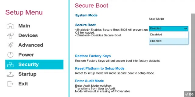 Hwinfo informiert darüber, ob bestimmte Sicherheitsfunktionen aktiviert sind. Einschalten müssen Sie diese jedoch im Betriebssystem oder wie hier über „Secure Boot“ im Bios/Uefi.