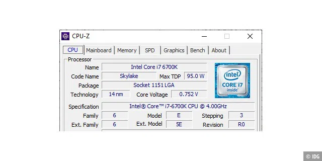 CPU-Z: Das kleine Tool gibt genaue Auskunft zum Prozessor im Computer. Neben dem CPU-Typ ermittelt es auch die Taktfrequenz und die Größe des Cache-Speichers.