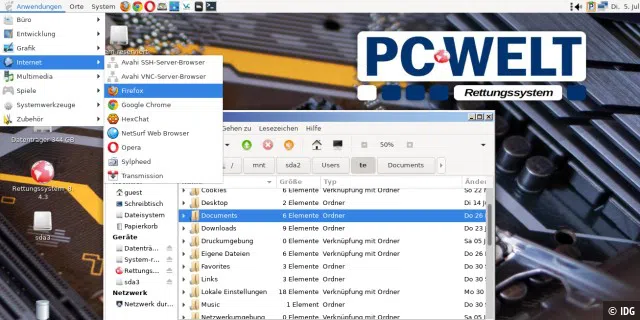 PC-WELT-Rettungssystem: Das Linux-System lässt sich vom USB-Stick starten und bietet für Windows beispielsweise nützliche Funktionen zur Datenrettung.