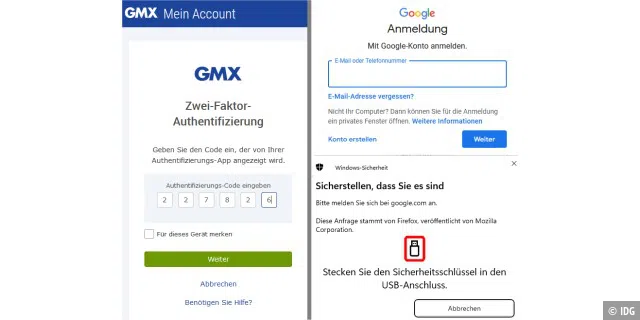 Zwei Beispiele, wie der zweite Faktor unterschiedlich eingerichtet wurde und umgesetzt ist: bei GMX als Authenticator- Code (links), bei Google über einen Fido2-Stick (rechts).