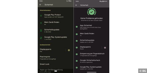 War unter Android 12 (links) das Sicherheitsmenü noch recht nichtssagend, zeigt das Menü unter Android 13 (rechts) gleich mit farbigen Symbolen an, falls ein Sicherheitsrisiko besteht. Ein grüner Haken bedeutet, dass alles in Ordnung ist.