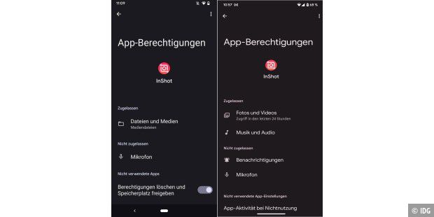 Bei Android 13 (rechts) werden die Berechtigungen detaillierter aufgeschlüsselt, sodass Sie einer App nicht mehr Zugriff auf sämtliche Dateien und Medien geben müssen, sondern auch einzelne Bilder, Videos etc. freigeben können.