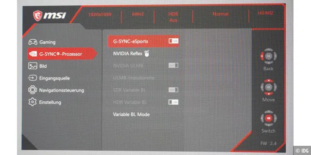 MSI Oculux NXG253RDE: Das OSD erlaubt die direkte Steuerung des G-Sync-Prozessors