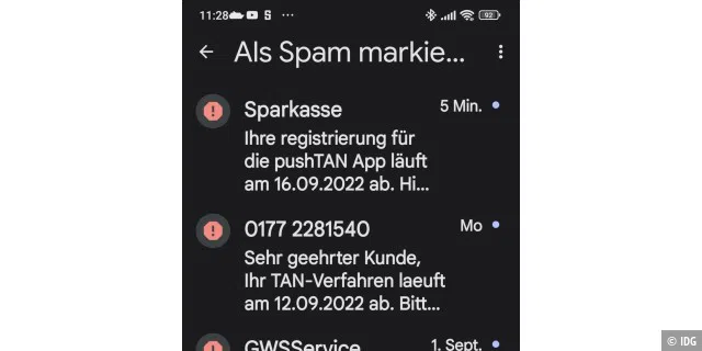 Android markiert die SMS als Spam.