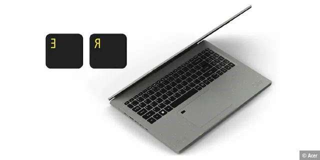 Acer Aspire Vero: Damit der grüne Charakter auch optisch erkennbar ist, hat der Hersteller farbige Sprenkel ins Notebook-Kunststoffgehäuse integriert und die Buchstaben „E“ und „R“ auf der Tastatur spiegelverkehrt angebracht.
