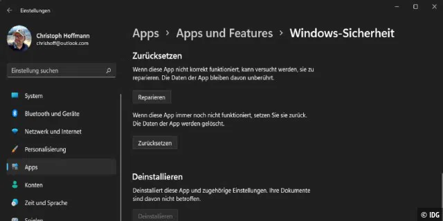 Einen Defekt an der App Windows-Sicherheit beheben Sie in der Regel durch das Zurücksetzen in der Einstellungen-App.